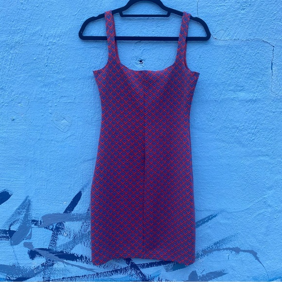 American Apparel fitted mini dress, stretchy, blue & red, zig zag, Large - Picture 7 of 10